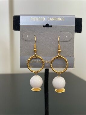 Gold Hoop Earrings with White Bead Drop